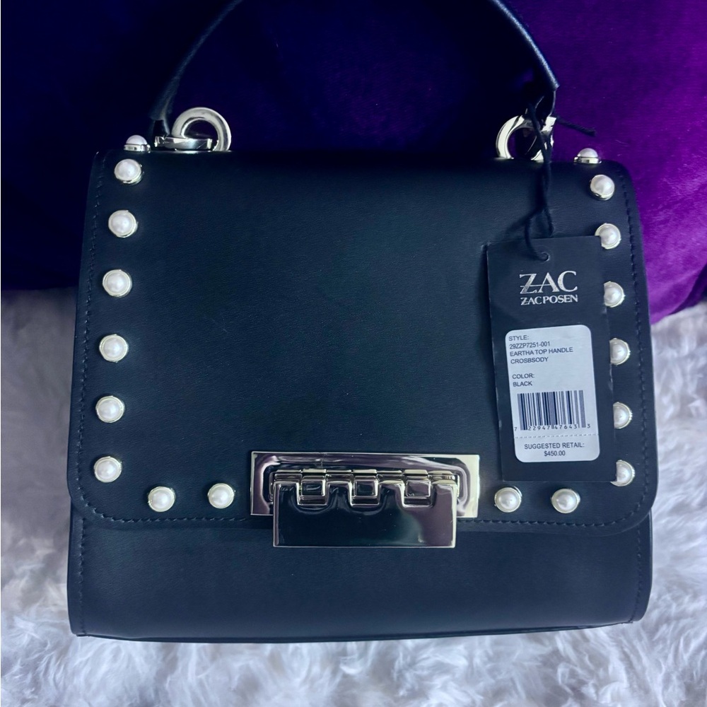 POSH Zac Posen Eartha Top Handle Black Purse With Pearl Studs -Original $450